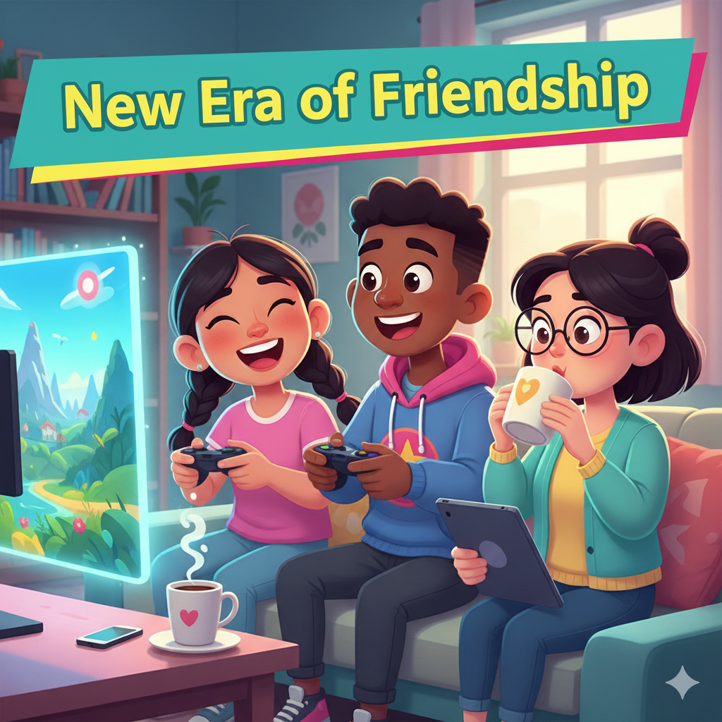 Friends laughing together while playing games and enjoying coffee — symbolizing joy, bonding, and the new era of friendship.