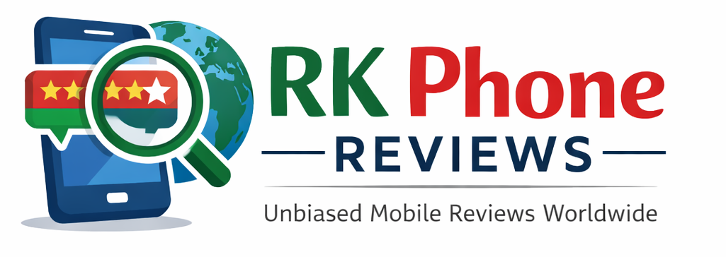 RK Phone Reviews logo showing a smartphone with magnifying glass and star ratings representing global mobile phone reviews